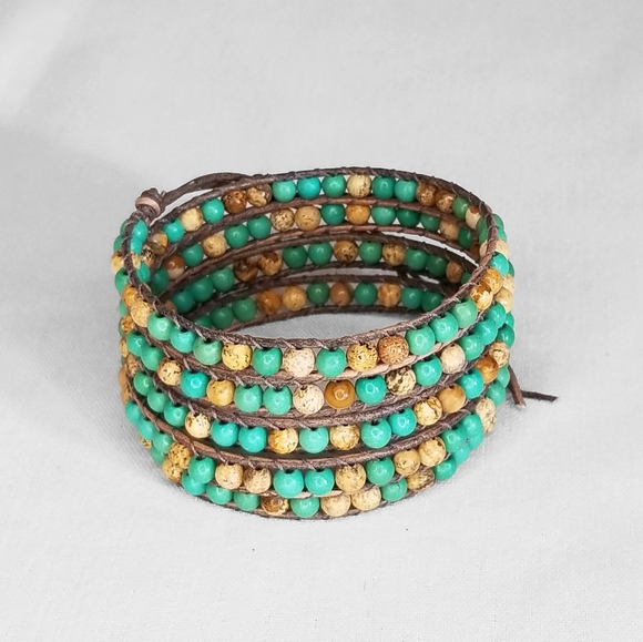 Wristy Wraps Jewelry - Turquoise and Leather 5 Wrap Bracelet, OS